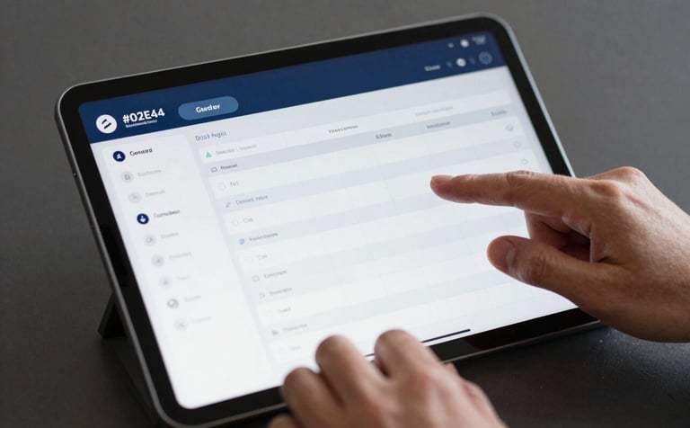 A close-up shot of a modern tablet showing a digital agenda and CRM dashboard. Professional hands are seen interacting with the interface. The aesthetic is modern and corporate, incorporating brand colors #0E2E4B and #F0F5F8.