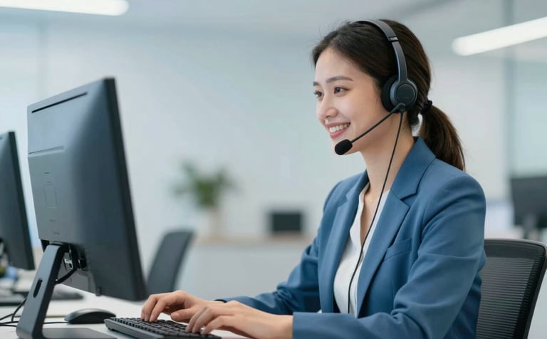 A professional tele-attendance receptionist wearing a sleek headset, focused and smiling at a computer screen. The background is a clean, modern office with soft lighting and a color palette featuring #3A6389 and #7DA9CD. The mood is efficient and trustworthy.