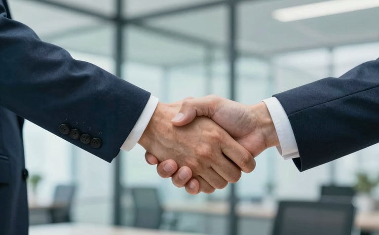 A close-up of two professionals shaking hands in a bright, modern glass-walled office. The lighting is natural and clear, incorporating corporate shades of #4A7C7F and #1A2C38 for a trustworthy vibe.