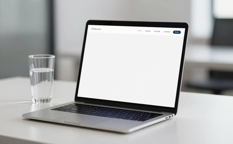 A clean, modern office desk with a laptop and a glass of water. The scene is minimalist and professional, with a color palette dominated by #1A2C38 and #F8F8F4, representing efficiency and technological precision.