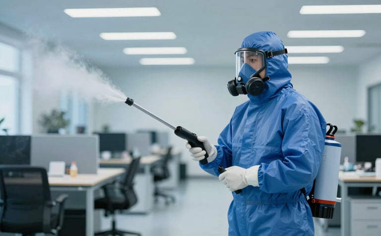 A specialist in a full protective suit and respirator mask using a fogging machine to sanitize a large, modern office space. The image should look professional and clinical, with a strong presence of Royal Blue tones (#1F4287).