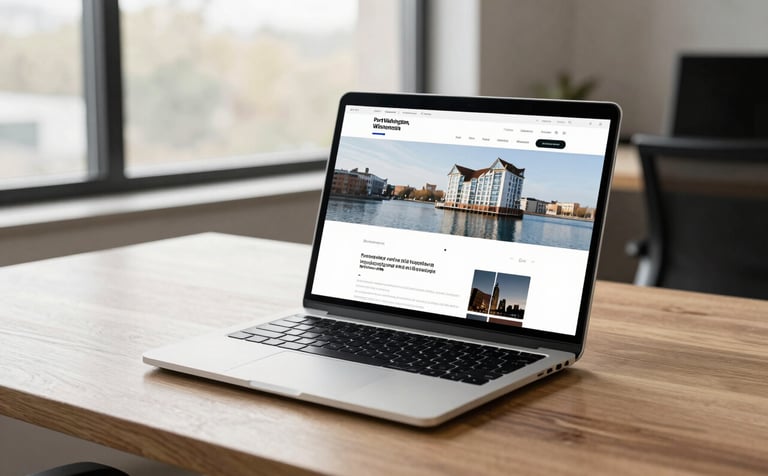 A high-end laptop on a minimalist wooden desk in a bright Port Washington, Wisconsin office. The screen shows a modern, responsive website layout. Through the window, the soft morning light of a North American / US (Wisconsin) day illuminates the workspace. Professional, clean, and efficient mood.