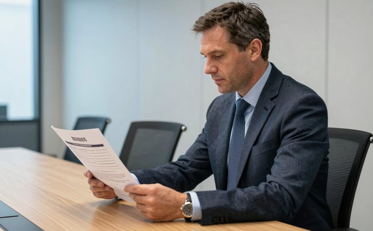 A professional North American / US (Wisconsin) consultant sitting at a conference table, looking at a printed business plan. The background is a modern, light-filled office space with steel blue and dark charcoal accents. Atmosphere of trustworthy partnership and expertise.