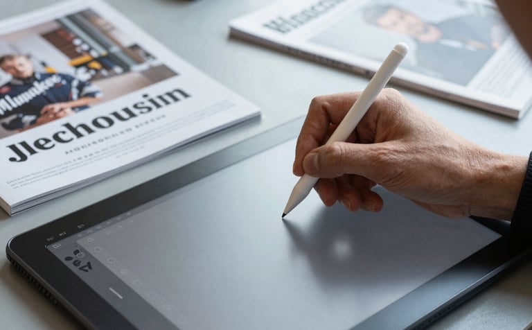 Close-up of a designer's hand using a stylus on a digital tablet. Next to it are printed branding materials and a magazine from Milwaukee. The scene is set in a North American / US (Wisconsin) creative studio with cool gray and steel blue accents. Bright, artistic lighting.