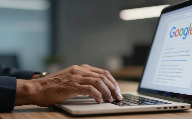 A close-up photograph of a marketing expert's hands in a modern South Asian agency, managing high-conversion Google and Meta ad campaigns on a high-resolution laptop. The background is blurred with hints of sky blue and dark grey interior design.