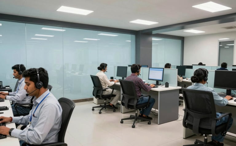 A wide-angle photography shot of a professional call center floor in Pakistan. Courteous agents wearing modern headsets are working in a bright, clean environment with sky blue glass partitions and dark grey accents, reflecting a trustworthy atmosphere.