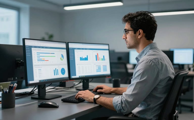 A professional photography shot of a sleek modern office in Lahore, Pakistan, featuring a digital marketing strategist working on a dual-monitor setup showing search engine analytics. The room has soft sky blue lighting and dark grey furniture, conveying a sophisticated corporate mood.