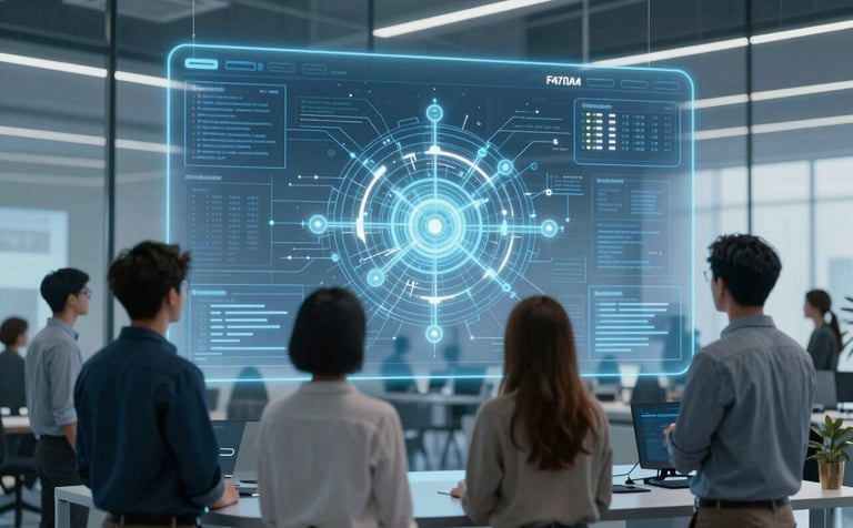 A group of collaborative web designers in a futuristic, glass-walled studio looking at a large holographic projection of a complex web architecture. The lighting is crisp and clear, incorporating deep blues like #1A2A3A and bright accents of #F4F7F8.