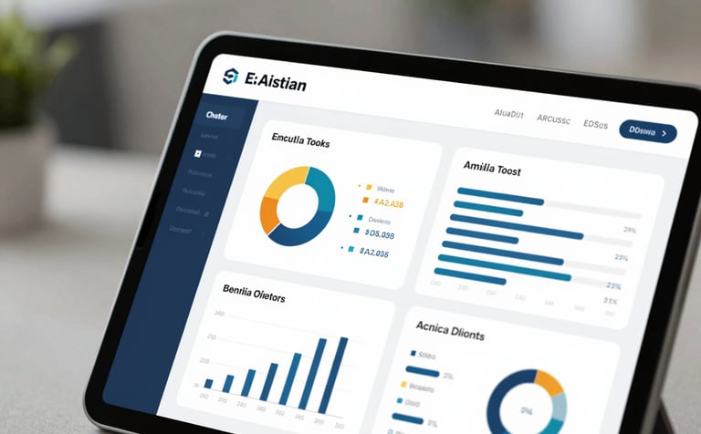 A close-up of a tablet screen displaying a sophisticated analytics dashboard with clean charts and graphs. The design is intuitive and forward-thinking, using #1A2A3A and #3D5A73 as primary UI colors, set against a blurred office background.