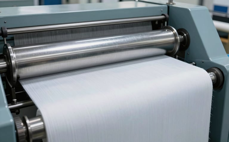 A close-up of a high-precision industrial calendering machine in a modern South Asian textile facility. The large, polished metal rollers are pressing a roll of fine white cotton fabric to create a smooth, lustrous finish. The lighting is bright and professional, highlighting the sophisticated machinery and the soft silver-blue and charcoal tones of the environment.