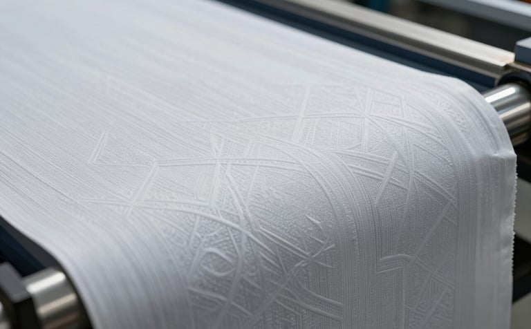 A detailed photography shot of a technical fabric being embossed in a professional South Asian industrial setting. The fabric shows a subtle, sophisticated geometric pattern. The scene uses crisp lighting to emphasize texture and craftsmanship, with a palette of frost white and deep charcoal blue.