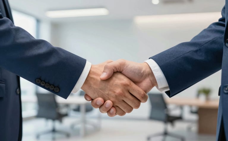 A close-up of a professional handshake between two people in business casual attire with #4A657D slate blue accents. The setting is a modern, light-filled office space in the Chicago suburbs, symbolizing reliable partnership and local business growth.