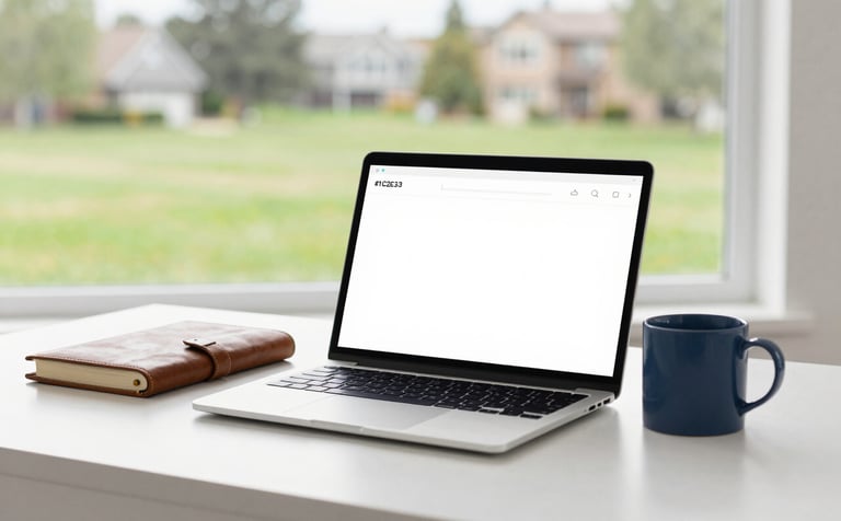 A clean, bright home-office desk featuring a sleek laptop, a leather journal, and a ceramic mug in #1C2E3C navy blue. A large window in the background shows a soft-focus view of a lush green lawn in a Crystal Lake neighborhood, emphasizing the home-based yet professional nature of the consultancy.