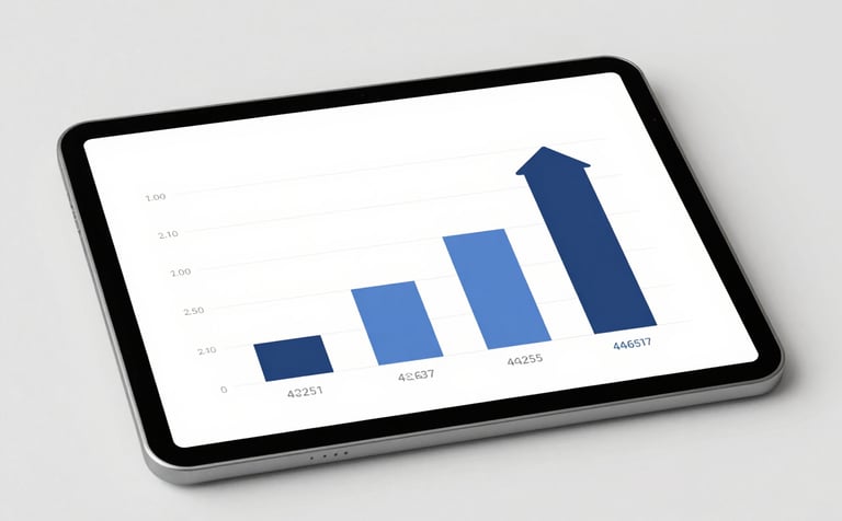 A high-quality image of a tablet screen displaying a modern, interactive business growth chart with upward-pointing arrows in brand colors #1C2E3C and #4A657D. The tablet rests on a clean, light-colored table (#F8FAFC), representing forward-thinking strategy.