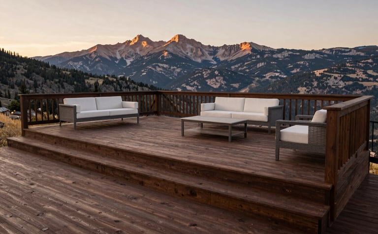 A wide-angle landscape photograph of a finished, multi-level deck in Colorado. The wood is a rich deep brown, accented with off-white furniture. The Rocky Mountains are visible in the distance under a warm sunset light.