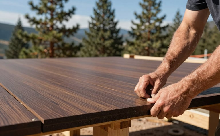 A close-up shot of a modern deck under construction in Colorado. A skilled builder is securing a deep brown composite board. The background shows blurred sage green pine trees and a clear blue sky.