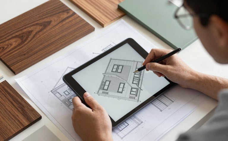 A top-down view of a young architect's hands reviewing a 3D deck blueprint on a tablet, surrounded by samples of deep brown wood and sage green finishes. The lighting is bright and modern, emphasizing professional craftsmanship.