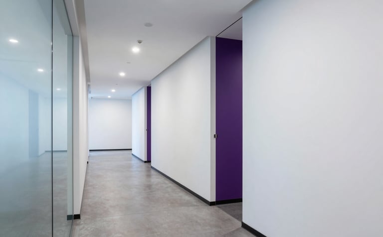 A crisp, professional wide-angle shot of a minimalist North American office hallway. The walls are clean white, with glass dividers reflecting soft blue and deep purple accent lighting.