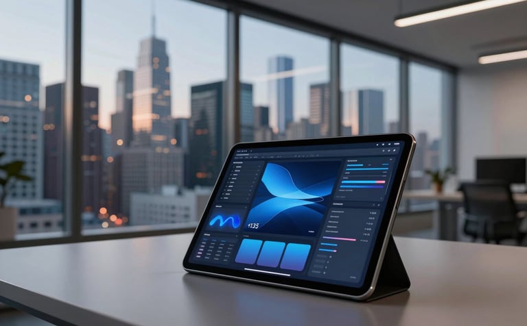 A professionally shot image of a modern design studio in a North American skyscraper during twilight. Large glass windows reveal a city skyline. In the foreground, a sleek digital tablet shows a vibrant user interface design with elegant blue and slate gradients.