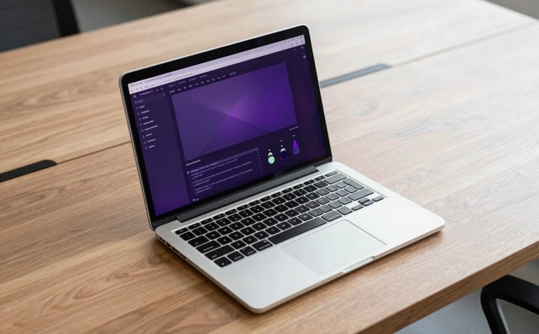 A sharp, high-angle photograph of a modern workspace in a North American corporate setting. A high-end silver laptop displays a sophisticated software interface with deep purple accents. The environment is clean and bright, with polished wood surfaces and a minimalist aesthetic.