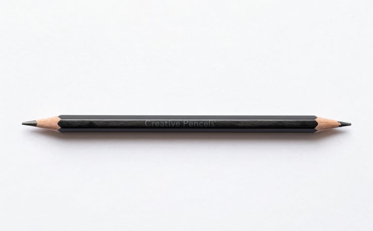 A high-contrast, minimalist photograph of a single sharp black pencil lying horizontally on a pristine white surface. Top-down view, sharp focus, soft natural shadows, embodying the 'Creative Pencils' brand identity using #0A0A0A and #F7F7F7.
