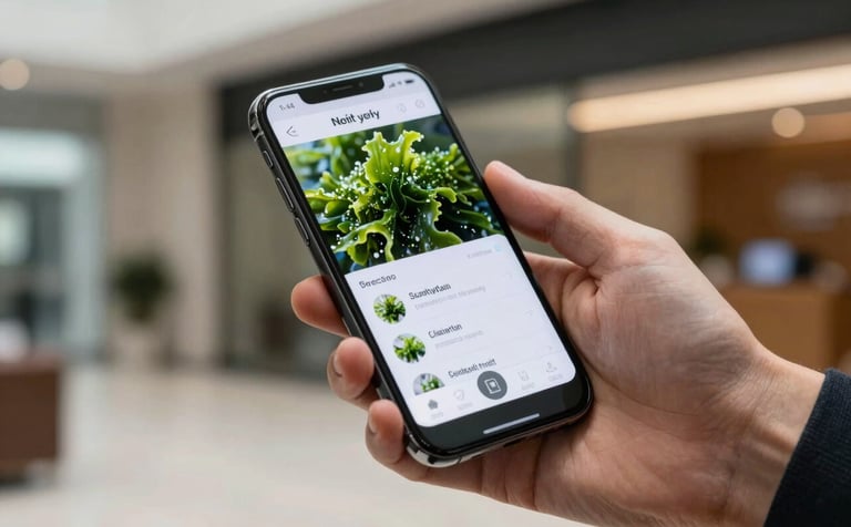 A close-up shot of a professional hand holding a high-end smartphone in a sleek North American / US corporate lobby. The screen shows a sophisticated app interface with seaweed green accents. Soft, professional lighting.