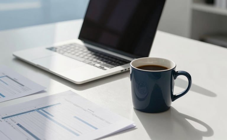 A high-end, professional photography shot of a minimalist workspace with a sleek laptop, a cup of coffee in a dark navy blue ceramic mug, and organized financial documents on an ice white desk. The lighting is bright and natural, reflecting an efficient and modern office atmosphere with soft sky blue accents in the background.