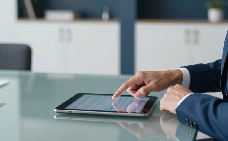A professional business setting featuring a glass meeting table. A pair of hands in a steel blue suit sleeve is pointing to data on a digital tablet. The background shows a blurred modern office with ice white walls and dark navy blue architectural details, evoking trust and expertise.