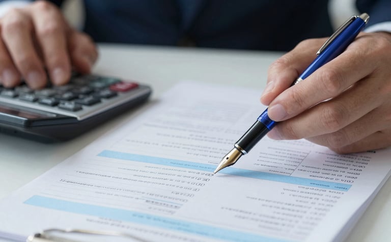 Close-up of professional hands reviewing financial spreadsheets with a calculator. The scene is lit with cool, ice white tones, featuring a steel blue fountain pen and soft sky blue highlights on the paper, symbolizing precision and efficiency.