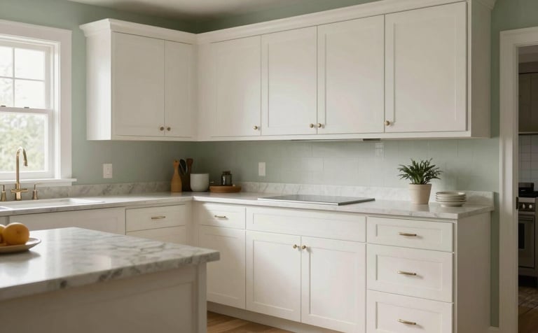 A wide shot of a pristine, bright North American / New England kitchen with misty off-white cabinetry and polished surfaces. The atmosphere is clean and welcoming, with soft sage green accents.