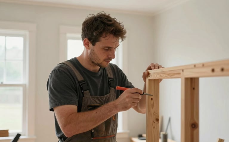 A professional carpenter in a North American / New England home interior, fitting a high-quality wooden frame. The room is bright with misty off-white walls and natural light. Close-up on the precise craftsmanship and tools. Professional photography style.