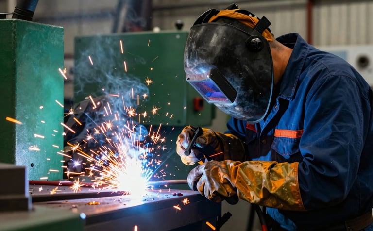 A skilled professional welder working in a North American / New England industrial workshop. Vibrant orange sparks contrast against a background of dark teal and muted forest green equipment. High contrast, sharp focus on the welding arc.