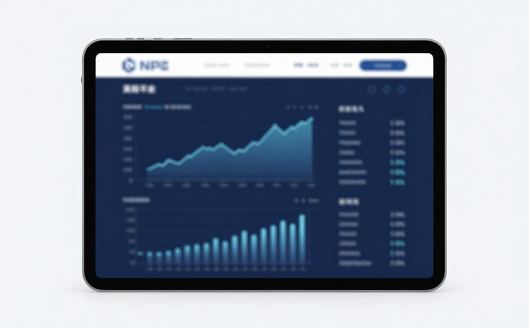 A minimalist and sophisticated composition showing financial charts and digital dashboard icons on a tablet screen. Clean background, professional vibe with #2A6F8B and #F5F8FA accents, conveying modern financial services.