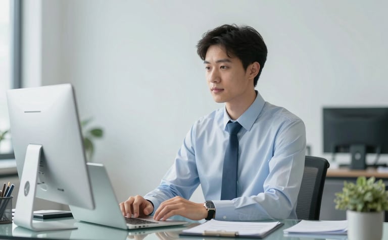 A high-quality, professional photograph of a financial consultant in a modern, brightly lit office. The scene includes a glass desk and minimalist decor. Subtle hints of #B4CED9 blue in the background elements, conveying a mood of trust and expertise.