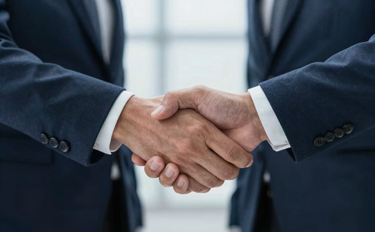 A close-up shot of a firm handshake between two business professionals in a sleek, modern corporate setting. The lighting is soft and natural, emphasizing a professional partnership. Color palette includes dark blues (#0E2C4A) and soft greys.