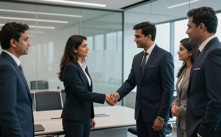 A group of South Asian / Indian business partners, men and women in professional attire, shaking hands in a modern glass-walled conference room in Mumbai. The setting features contemporary furniture in deep navy and silver tones.