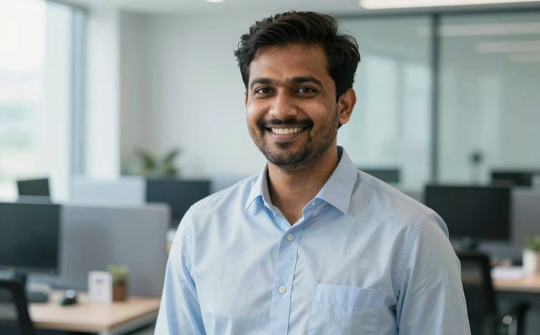 A professional South Asian / Indian man in a smart-casual shirt smiling confidently in a bright, modern office in Bangalore. The background is soft-focused with muted blue and light grey office furniture. Soft, natural daylight.