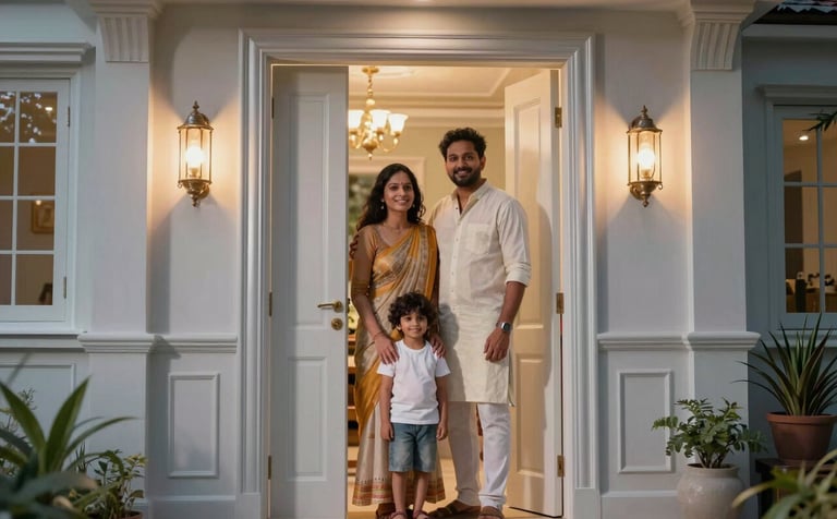 A happy South Asian / Indian family—a couple and their young child—standing in the doorway of their new brightly lit home. The decor is modern and elegant, featuring soft silver and light grey accents. Warm evening light.