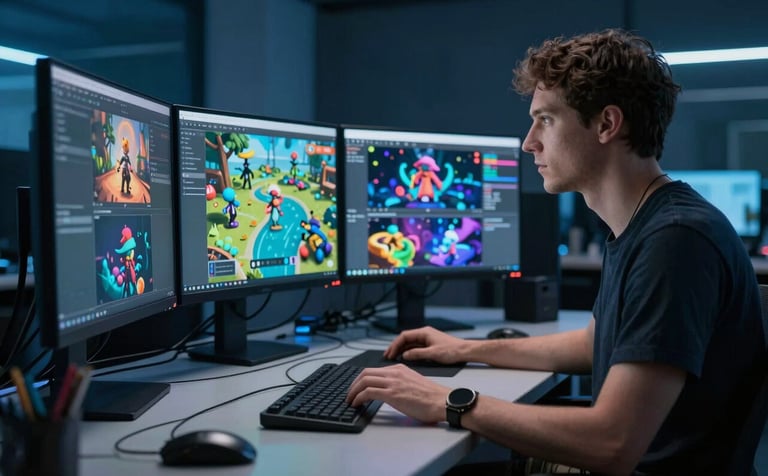 A digital artist in a Global / Tech Industry creative studio working on vibrant game assets. The scene is lit with cool steel blue tones and dark navy shadows, emphasizing a professional yet innovative mood.