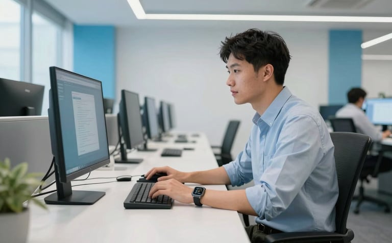 A professional developer in a modern Global / Tech Industry office atmosphere, focusing on a clean desk with a high-end Android workstation. Lighting is bright and professional, incorporating sky blue and ice white accents in the room.