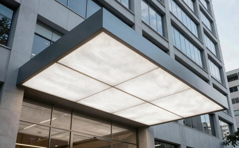 Professional architectural photography of a high-resolution LED panel installed in a modern corporate building lobby in Brazil. The image showcases clean lines, bright lighting, and a sense of high-end technology with light gray and muted blue tones.