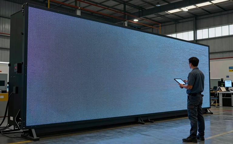 A wide-angle shot of a large LED display being inspected by a technician using a digital tablet. The setting is a modern industrial warehouse in Brazil, with a focus on technical expertise and advanced technology. Colors include dark grey and muted blue.