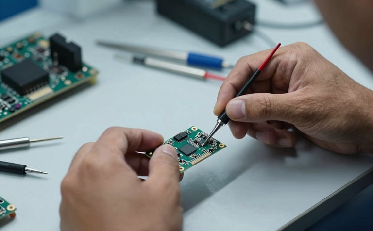 A close-up photograph of a professional technician's hands performing precision electronics repair on an LED module. The scene is a modern laboratory in a South American city with specialized tools, soft professional lighting, and a color palette of midnight blue and light gray.
