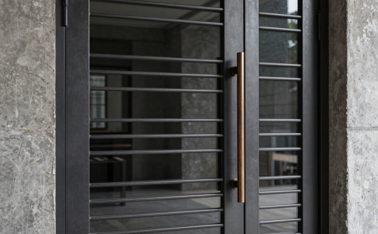 A minimalist modern iron door with straight horizontal lines and a matte dark charcoal finish. The door has large, impact-resistant glass panes and a long vertical weathered bronze handle. The setting is a contemporary entrance with industrial concrete textures.