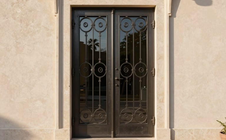 A high-end architectural photograph of a Tuscan-style double iron door in a dark charcoal finish. The door features intricate hand-forged scrollwork and clear glass panels. The surrounding wall is a soft cream limestone, and the lighting is warm, late-afternoon sun catching the metallic textures.
