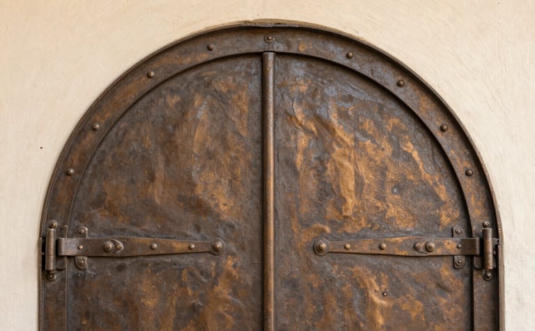 A close-up photograph of a heavy arched iron door with a weathered bronze finish. The lighting emphasizes the precision engineering of the hinges and the robust sandblasted texture of the metal. The background is a soft cream stucco wall.