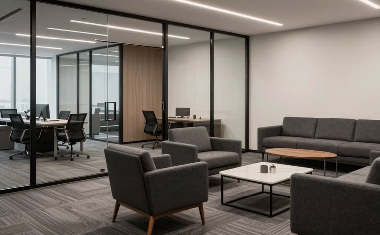 A luxury commercial office lounge with mid-century modern furniture and glass partitions. The space uses a palette of grey and black with soft off-white walls, showcasing a professional North American workplace.