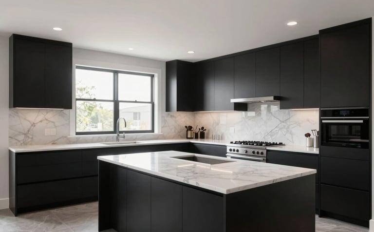 A high-end minimalist kitchen featuring sleek black cabinetry and white marble countertops. The composition is wide-angle, showing clean lines and natural light from large windows in a North American luxury home.