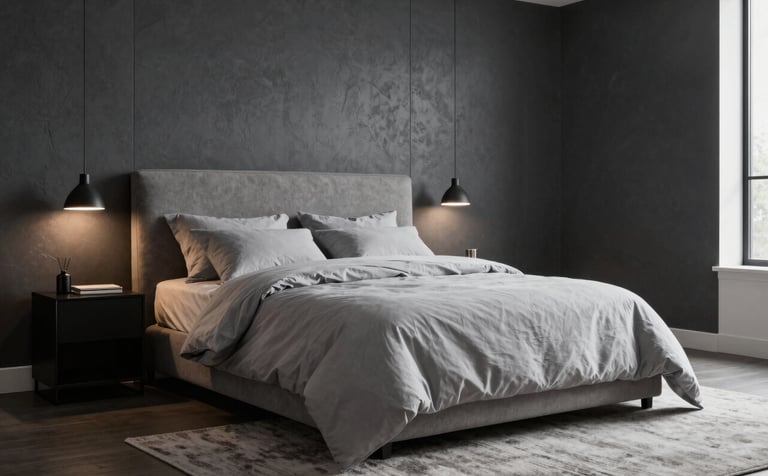 A sophisticated master bedroom with charcoal grey textured walls and premium light grey bedding. Minimalist bedside lighting and a large area rug create a calm, professional interior atmosphere in a North American setting.