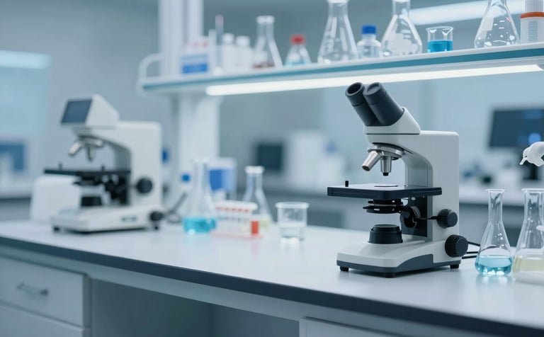 A minimalist, high-tech laboratory setting with polished white surfaces and scientific glassware. The lighting is soft and professional, featuring cool Turkish Blue (#4C7C9D) highlights. The composition is clean and modern, emphasizing precision and scientific rigor, incorporating Deep Grey (#2A363B) equipment accents.